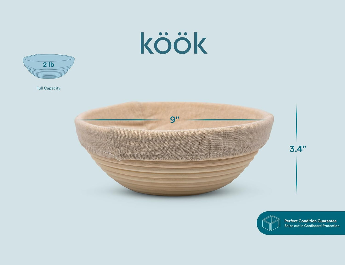 Kook Banneton Bread Proofing Set, Artisan Sourdough Bread Making Kit, 9 Inch Handwoven Rattan Baskets and Liners, Metal & Plastic Dough Scrapers, Scoring Lame & Case, 4 Extra Blades, Set of 2, Round