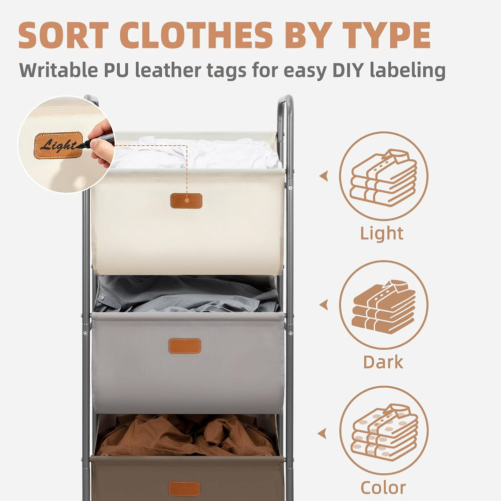 STORAGE MANIAC 120 Liters Vertical Rolling Laundry Hamper, 3 Section Laundry ...