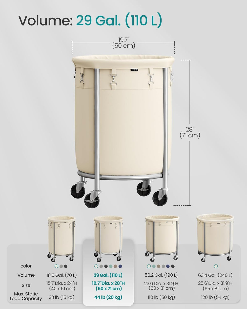 SONGMICS Laundry Basket with Wheels, 29 Gal., Steel Frame, Removable Bag