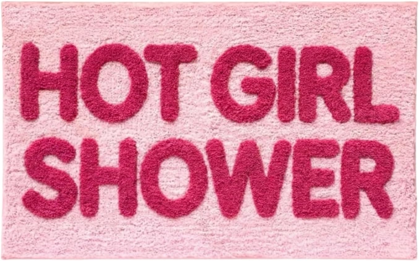 Hot Girl Shower Bath Mat - Cute Pink Tufted Bathroom Rug, Soft Absorbent Flocked Microfiber Floor Mat, Non-Slip Washable Aesthetic Decor for Bathroom, Bedroom, Dorm - 24"x16"