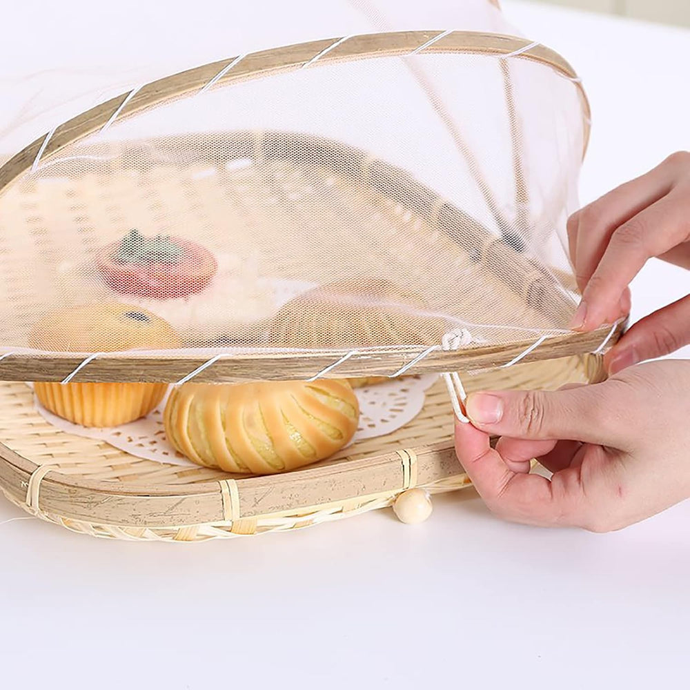 3Pcs Bamboo Food Serving Tent Basket with Cover, Square Hand-Woven Covered Br...