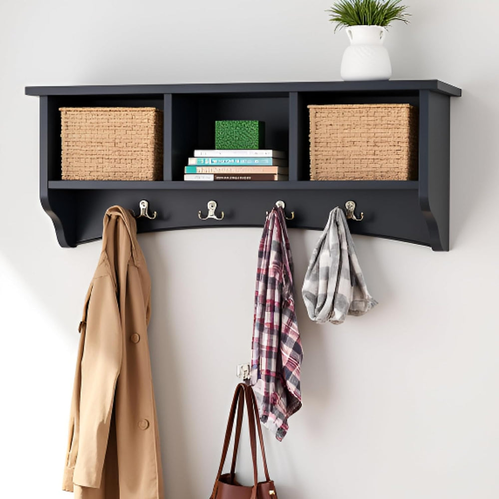 Shaker Cottage Wall-Mounted Coat Rack with 3 Storage Cubbies and 4 Coat Hooks...