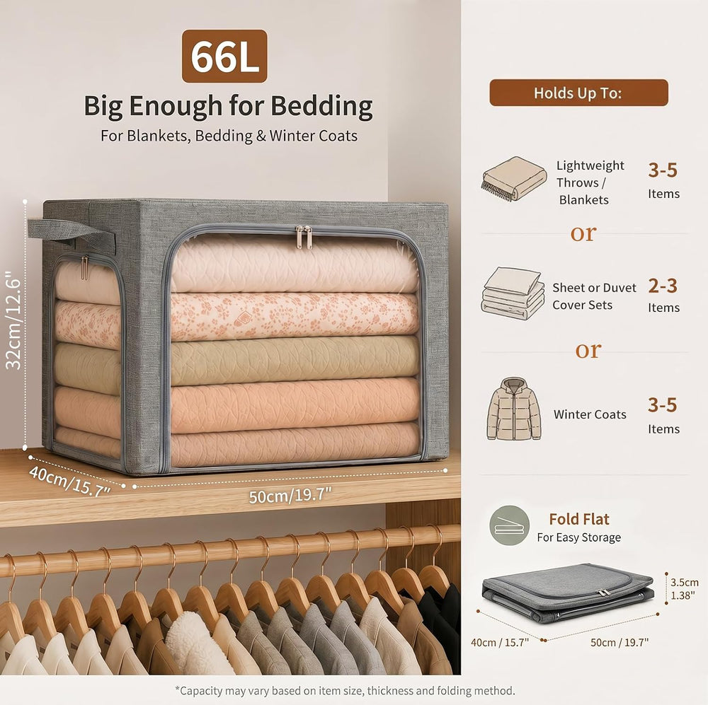 GoMaihe Clothes Storage Bins with Metal Frame for Blanket 3 Pack 66L Grey