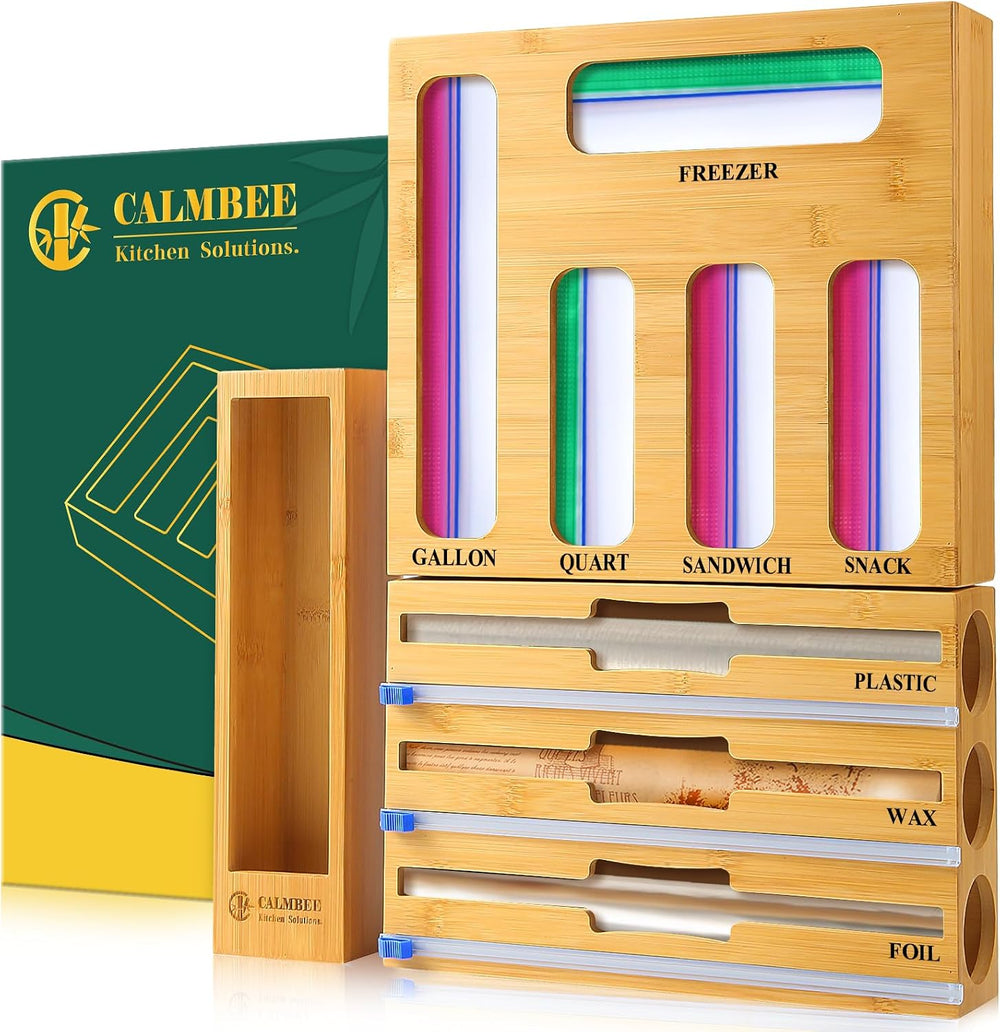 Calmbee 9 in 1 Bamboo Storage Bag Organizer for Kitchen Drawer – Plastic Wrap...
