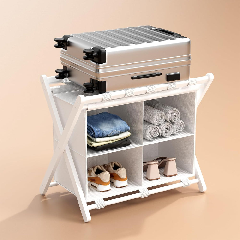 White Bamboo Luggage Rack with 4 Storage Compartments, Foldable Suitcase Stan...