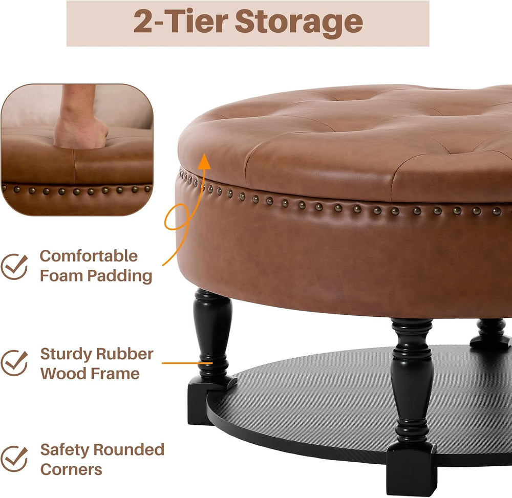 31.5 Inch Round Storage Ottoman Coffee Table with Shelf, PU Brown