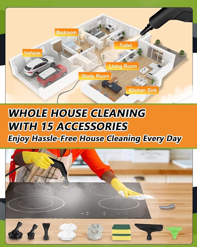 Handheld Steam Cleaner for Home, 10s Heat-Up/2.11 Qt Tank/4.5BAR High Pressure - Image 7