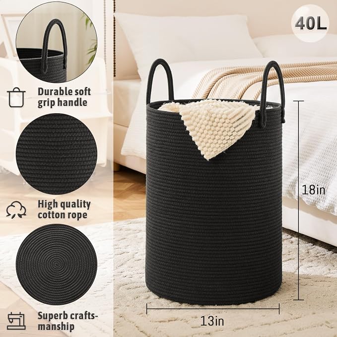Laundry Basket, Woven Cotton Rope Laundry Hamper, 40L - Image 6