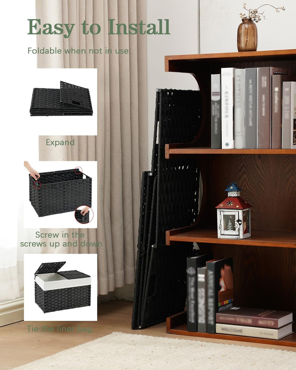 SETVSON Storage Basket with Lid, 2-Lid PE Rattan Storage Bin, Black