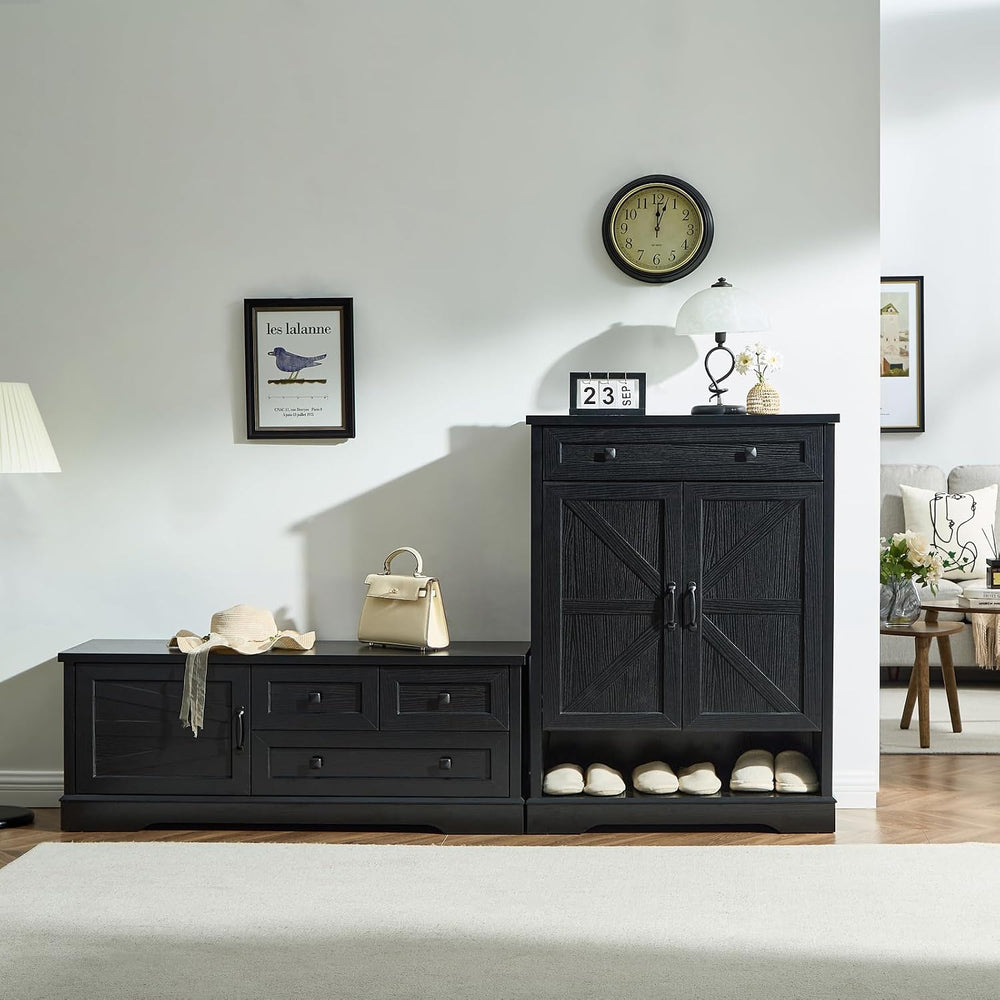 End of Bed Storage Bench, Farmhouse Bed Bench with Drawers & Cabinet, Black
