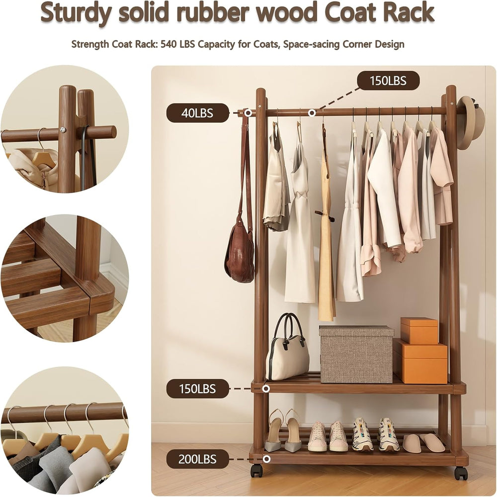 Solid Wood Clothing Rack with Wheels, Garment Rack Shelves, 31.5" Walnut