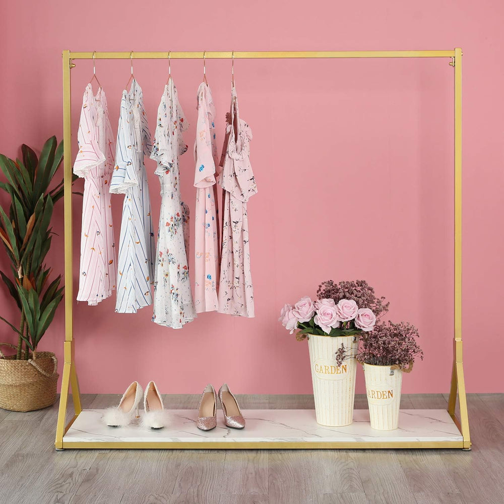 HOMEKAYT Gold Clothing Rack with Wooden Shelf for Boutique Retail Heavy Duty ...
