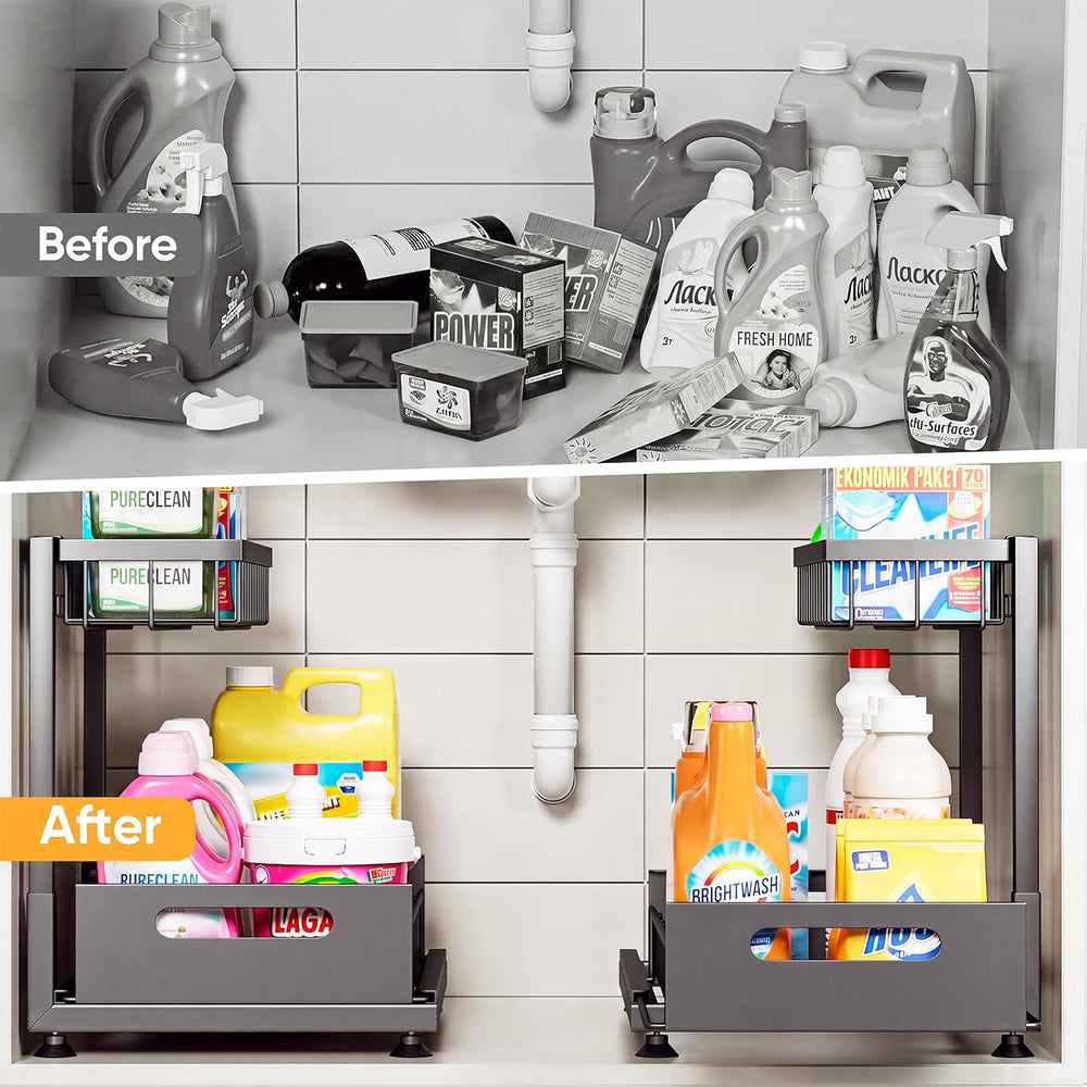 Saydear 2-Pack L-Shaped Under Sink Organizer, 2-Tier Pull-out Cabinet Rack
