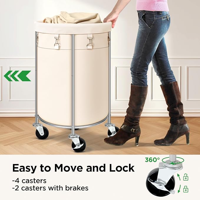 Laundry Hamper with Wheels, 100L Round Rolling Laundry Basket Sorter with