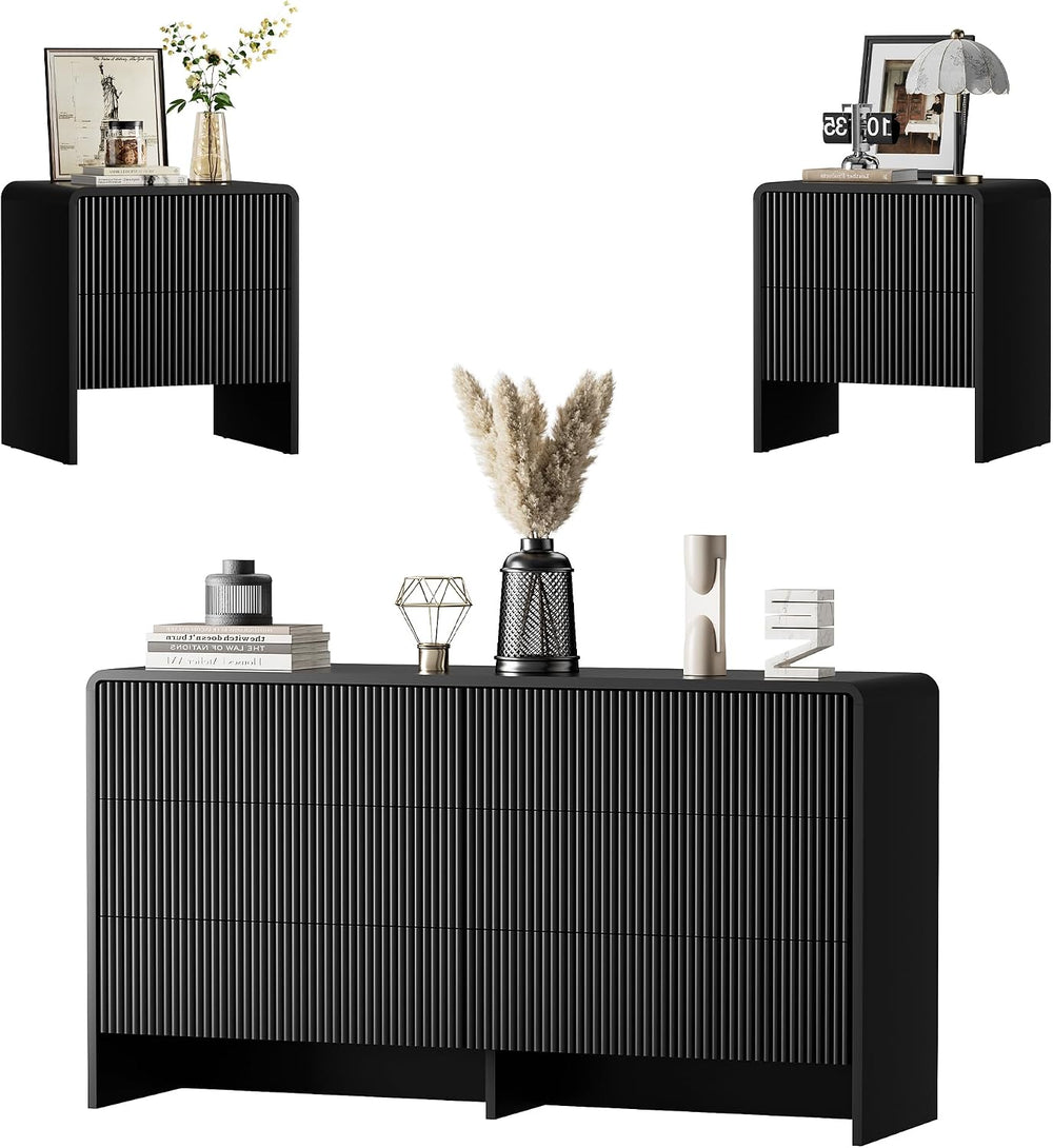 Furniway 3 Piece Bedroom Dresser Set, 6 Drawer Dresser with 2 Nightstands, Fl...