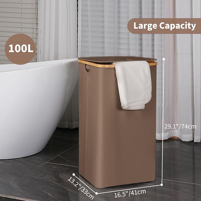 26 Gal Laundry Basket with Lid and Net Bag, Tall Laundry Hamper with Bamboo - Image 7