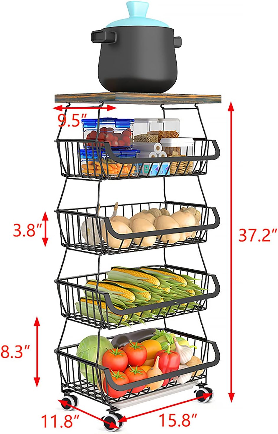 5-Tier Rolling Pantry Floor Organizer with Wheel Stackable Fruit Vegetable St...