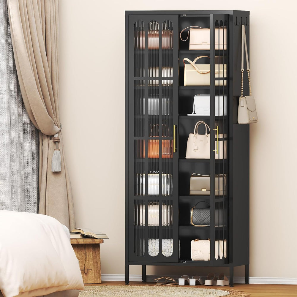 9-Tier Tall Metal Shoe Cabinet with Doors & Hooks, 67" Large Shoe St...