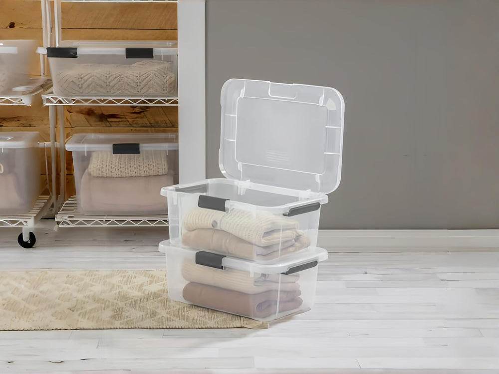 6-Pack Under Bed Bins, Hinged Lids, 20qt Clear Plastic Stackable