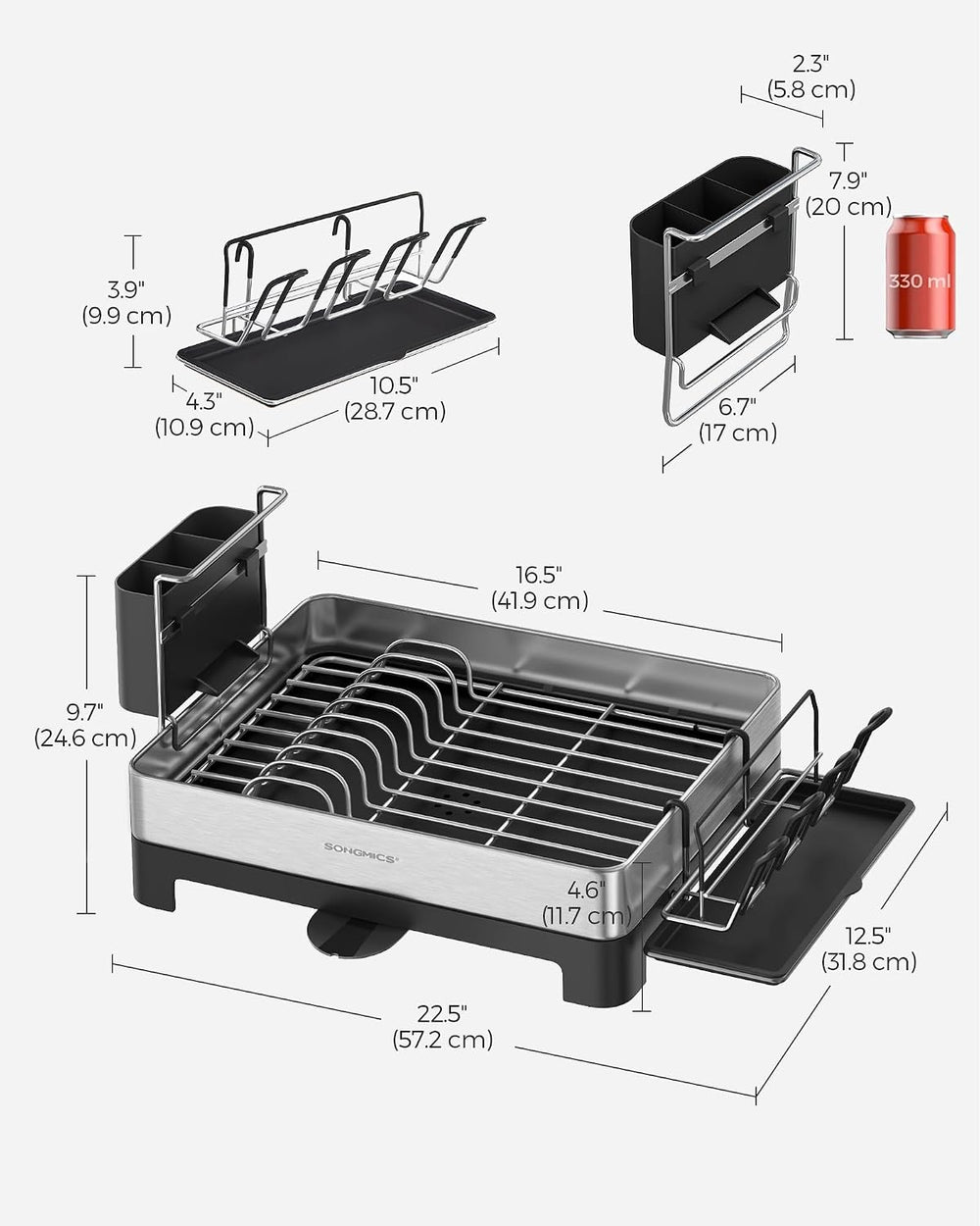SONGMICS Dish Drying Rack, Stainless Steel, Extendable Spout