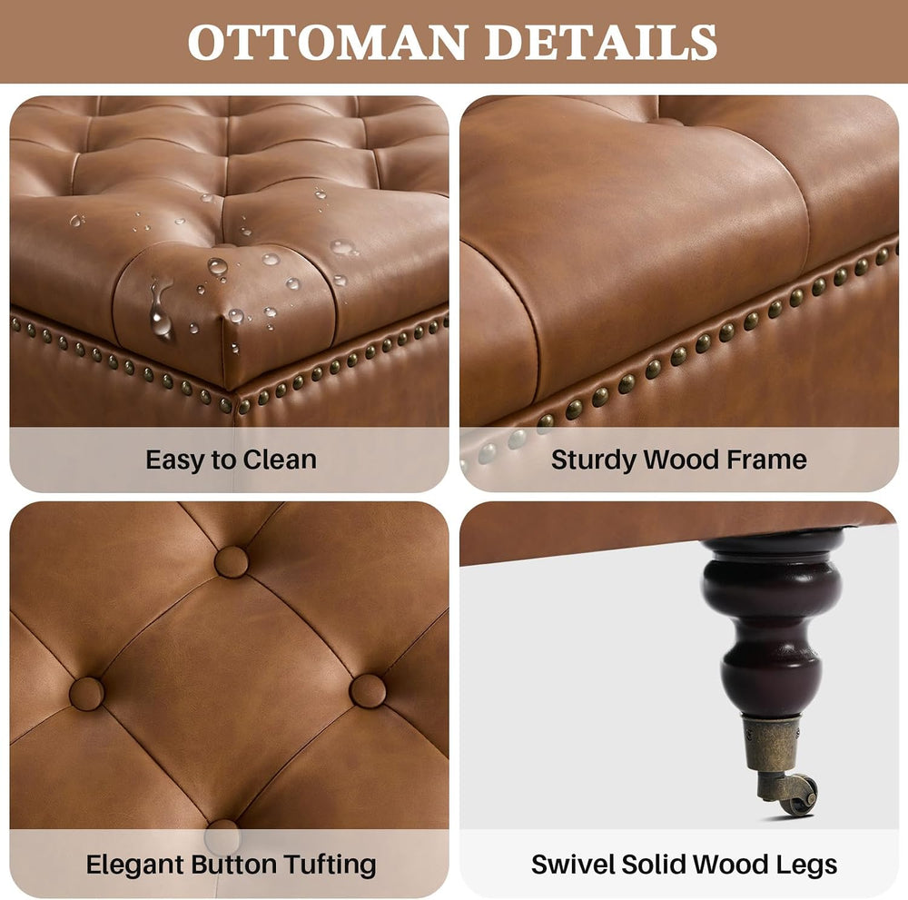 Square Ottoman Coffee Table, Large Leather Ottoman with Storage