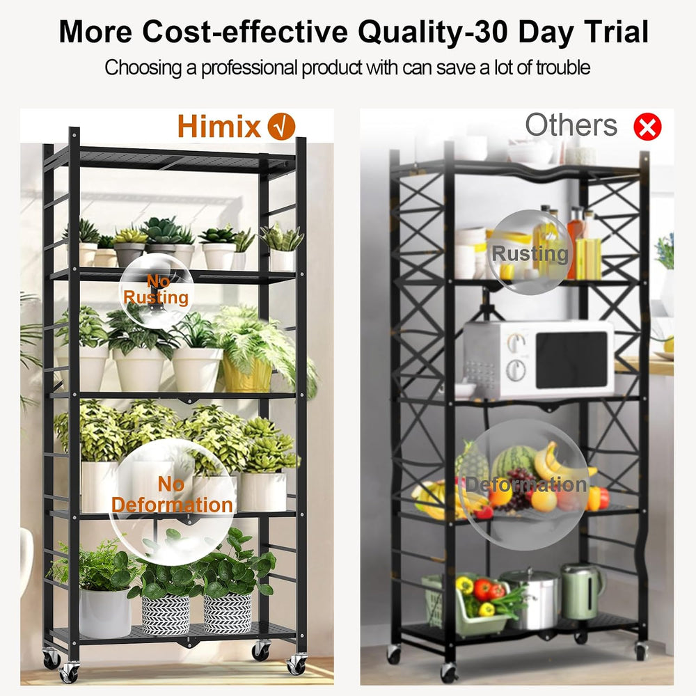 Himix 5-Tier Foldable Storage Shelves with 20 Hooks Wheels Kitchen Black