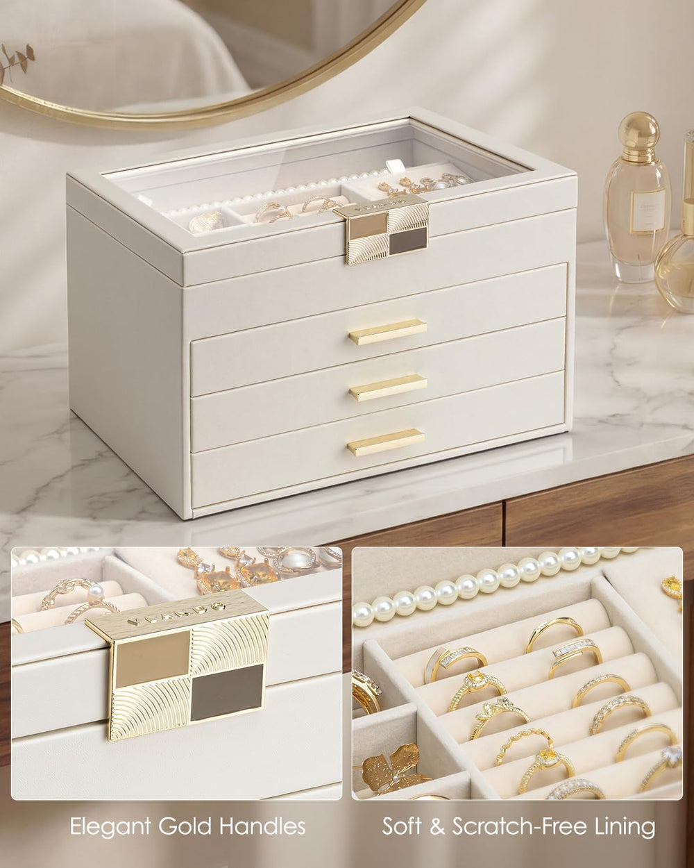VLANDO Jewelry Box Organizer, 4-Layer Storage with Glass Window