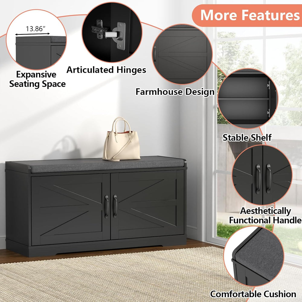 Loomie Shoe Storage Bench, 2-Tier Farmhouse Entryway Bench with Padded Seat C...