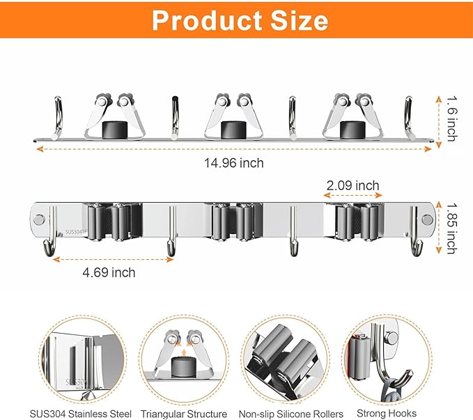Mop and Broom Holder Wall Mount, Upgraded Broom Organizer Wall Mount, Stainless - Image 7