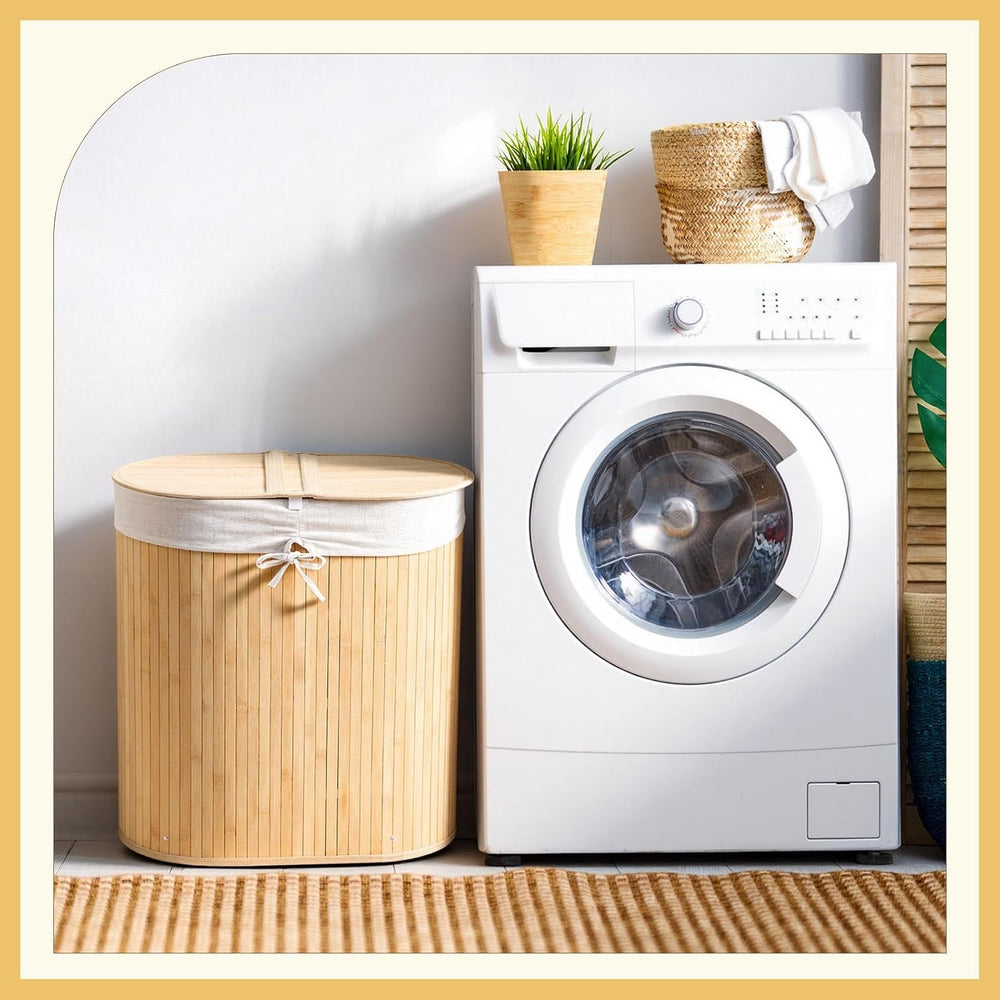 Gueevin Oval Bamboo Laundry Hamper with Lid, Carbon, 24 x 23 x 13 Inch