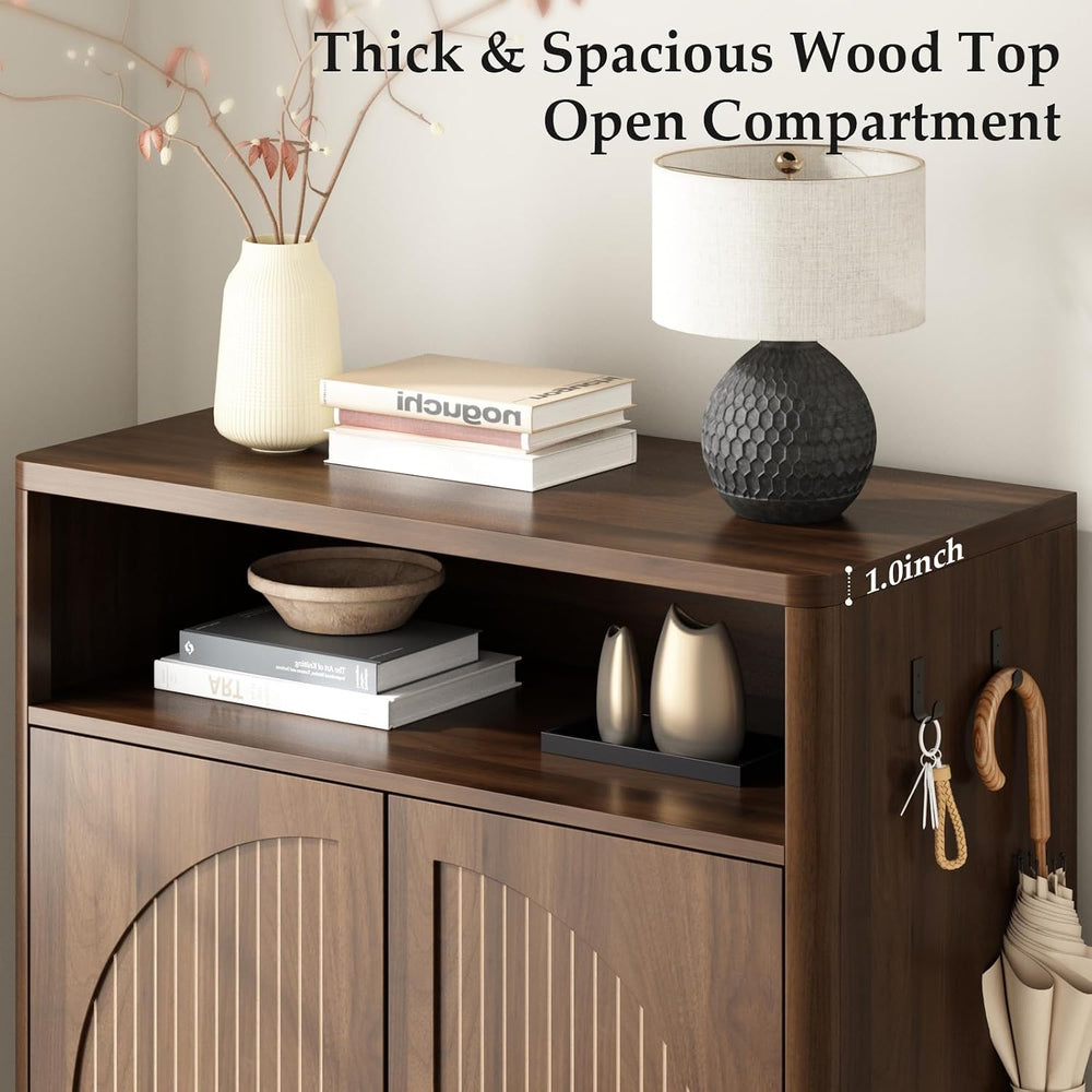 Fluted Shoe Storage Cabinet with 2 Arch Doors, 43" Tall Wood Cabinet