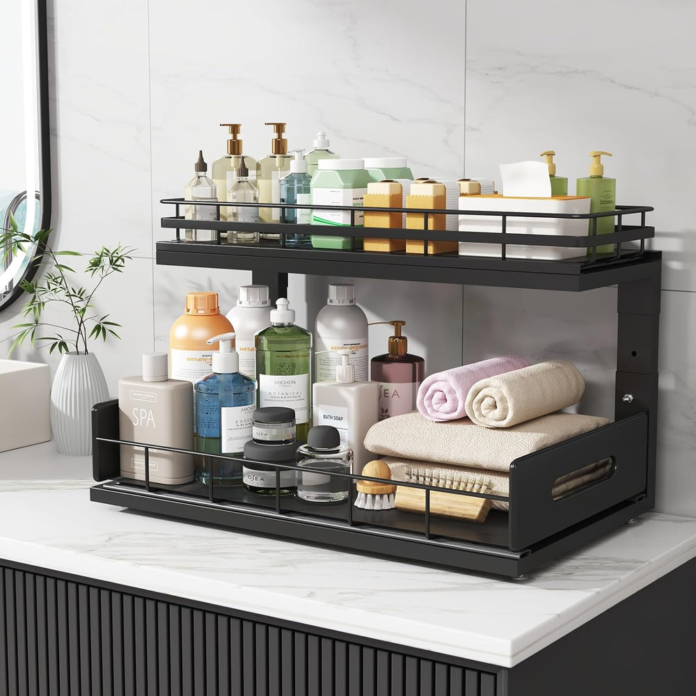 Under Sink Organizer Upgrade To Professional Rails,2-Tier Dual Pull Out Cabin...