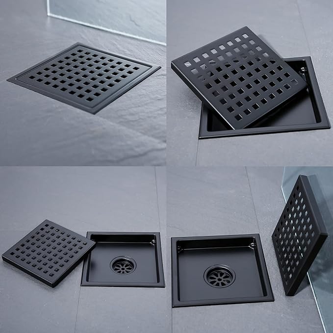 RANDOM Matte Black Square Shower Drain 6 Inch Drain Cover 304 Stainless Steel - Image 8