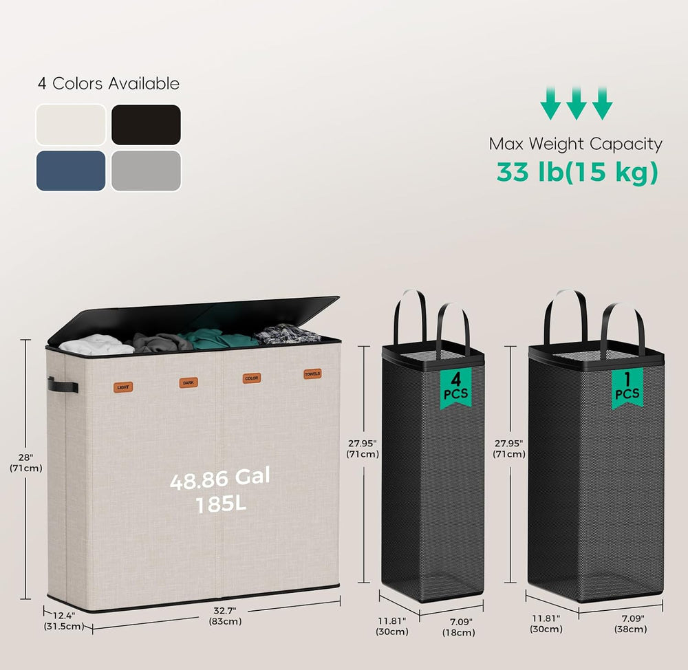 185L Laundry Hamper 4 Section with Lid & Removable Bags