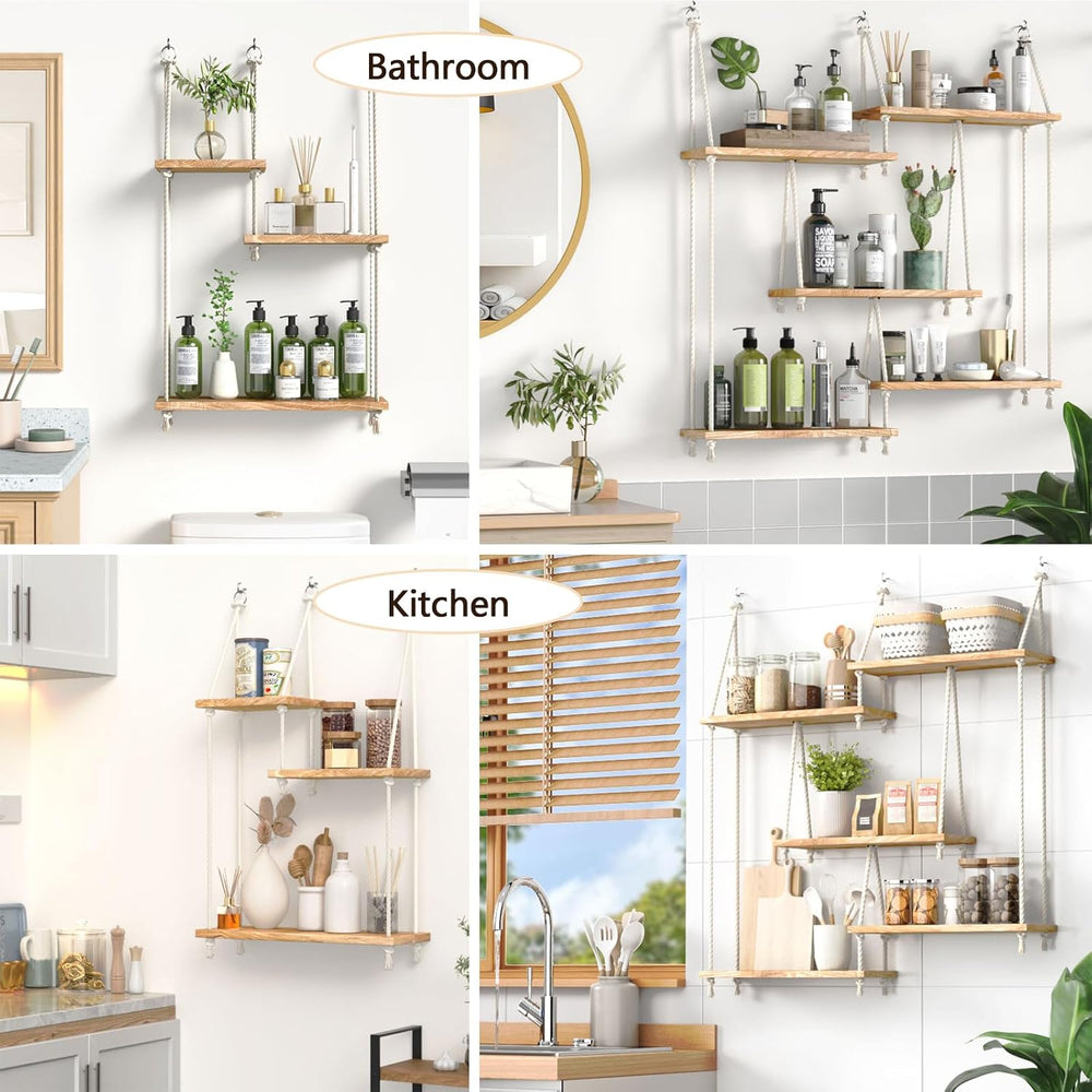 Hanging Shelves for Wall,Macrame Hanging Plant Shelf with Vine Lights 5 Tier ...