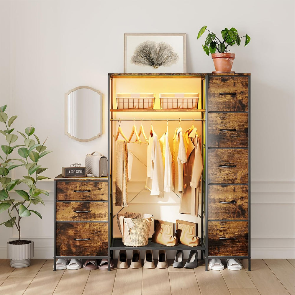 Clothes Rack with 8 Drawers, 4 Shelves & LED, 55" W×57" H Dress...