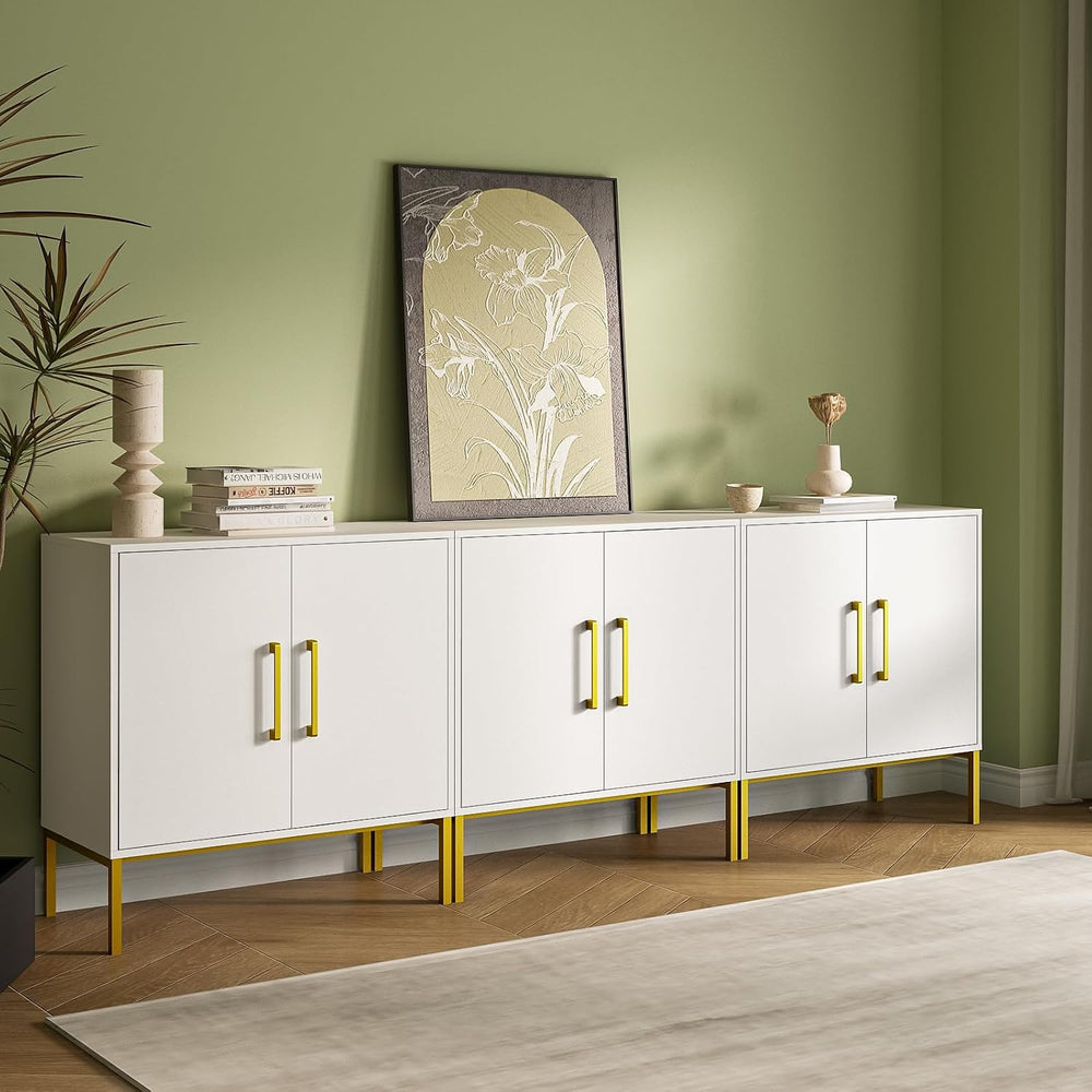 3 Set of Storage Buffet Cabinet with Gold Handles and Metal Legs, White丨Frees...