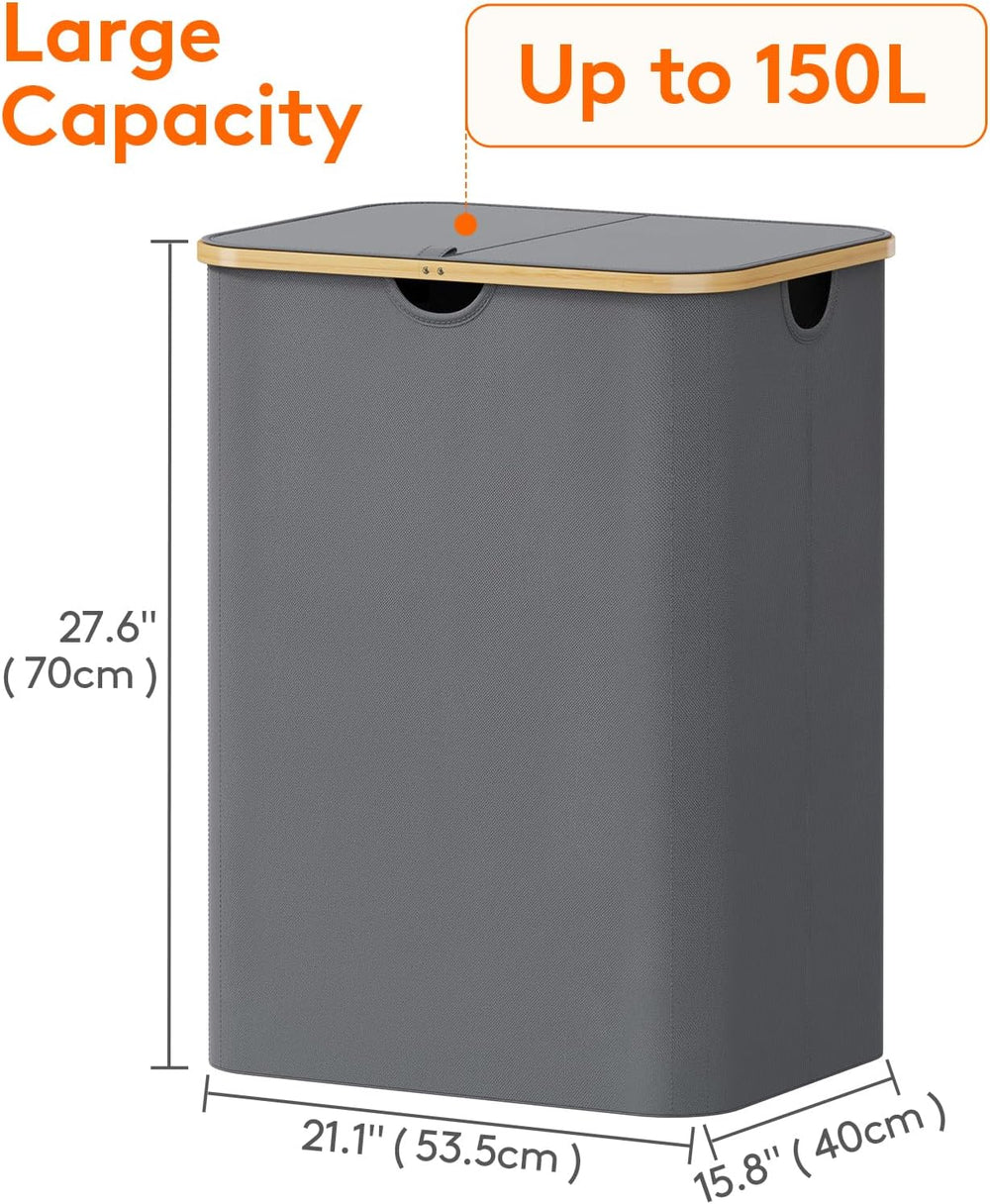 Lifewit 150L Large Laundry Basket with Lid, 2 Removable Bags, Gray