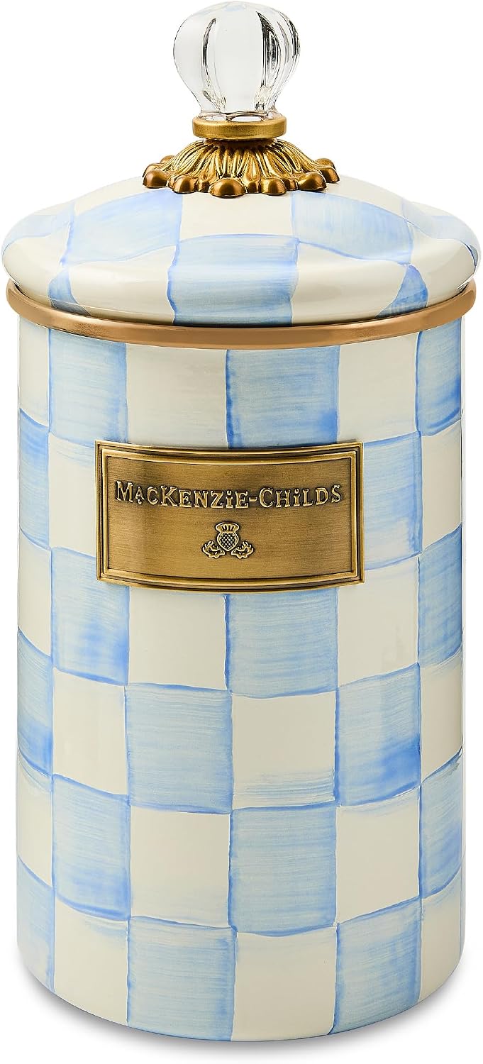 MACKENZIE-CHILDS Enamel Canister, Large, Light-Blue-and-White Sky Check | Hand-painted design, versatile kitchen storage container for flour and sugar, 64-ounce capacity