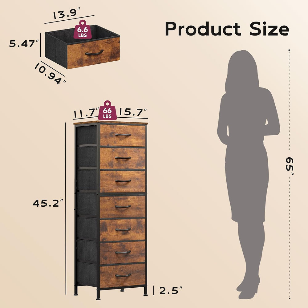WLIVE Tall Dresser for Bedroom, 7 Drawer Dresser, Rustic Brown