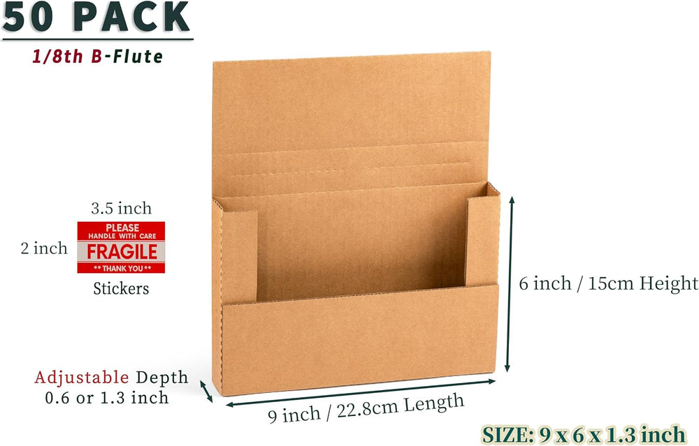 50 Pack 9x6x1.3 inch Small Shipping Boxes for DVD, Book Mailers