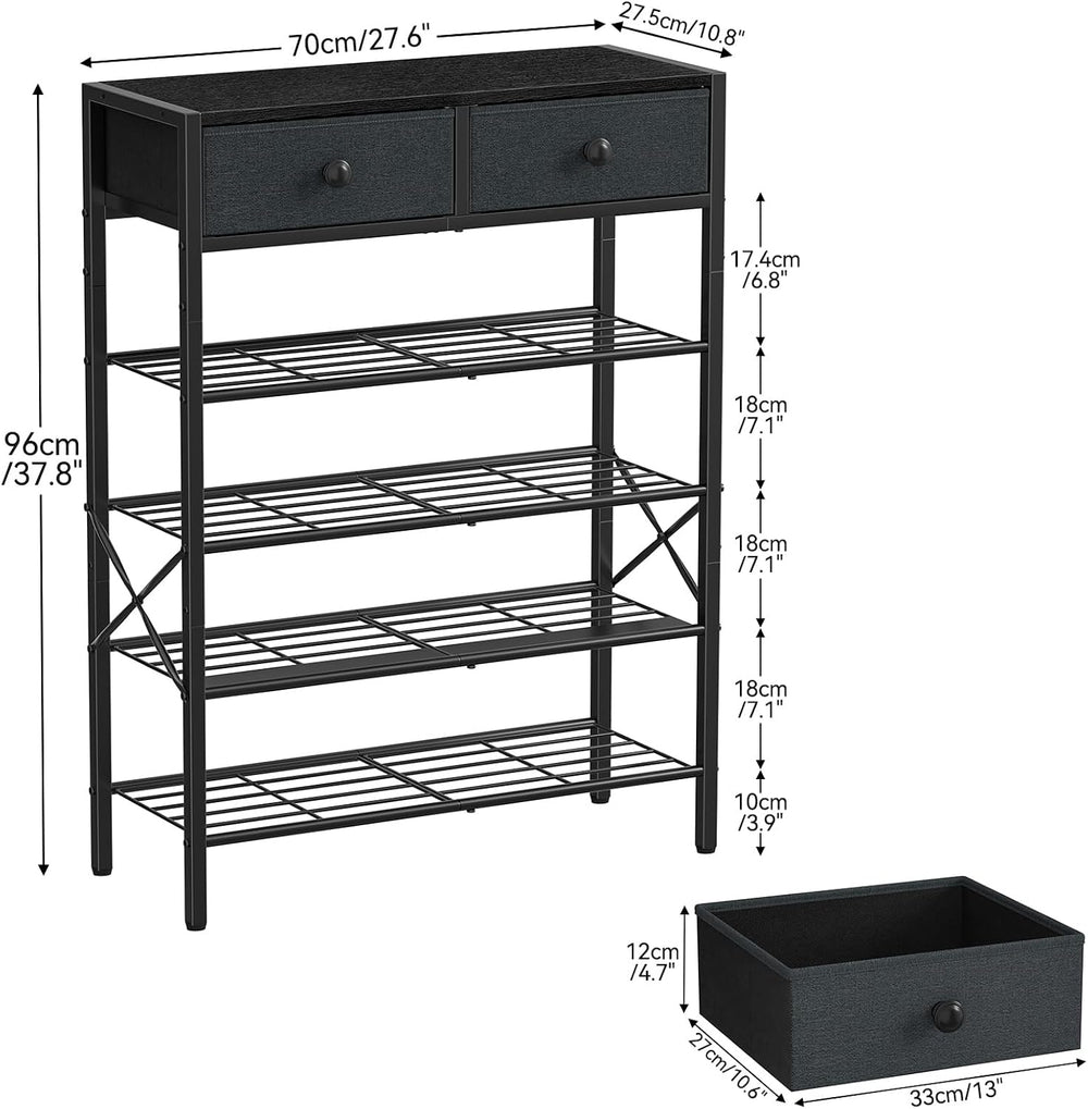 5 Tier Shoe Rack with 2 Drawers, 16-20 Pairs Black Grey