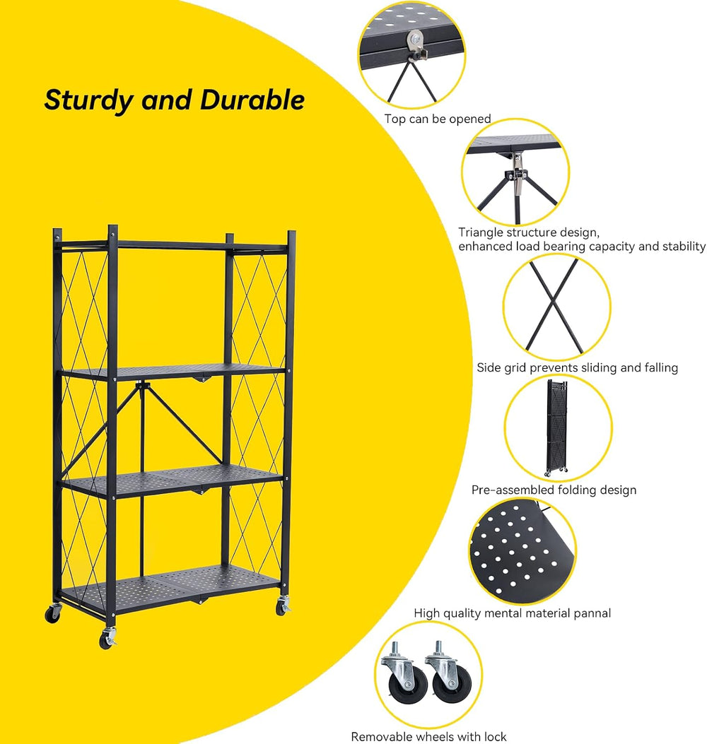 BRIAN & DANY 4-Tier Foldable Storage Shelves with Wheels, Folding Metal R...