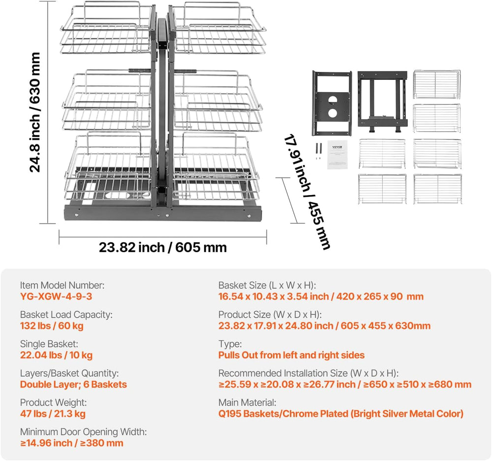 VEVOR 3 Tier 6 Shelf Chrome Carbon Steel Kitchen Cabinet Organizer, Slide Out...