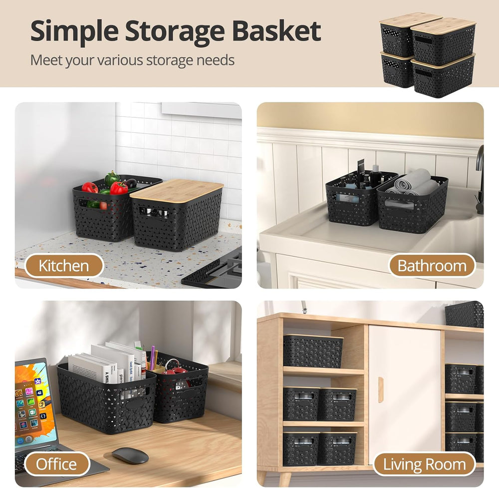 Plastic Storage Bins with Bamboo Lids, Stackable Small Box Baskets for Organi...