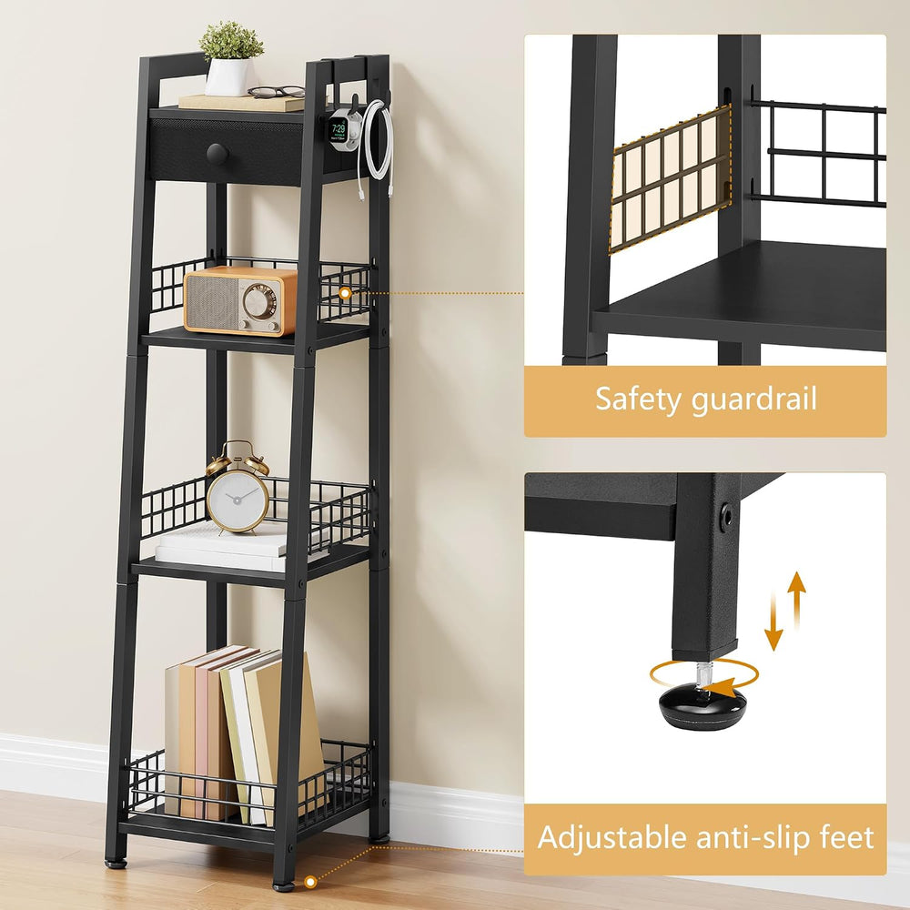 Gewudraw 4-Tier Narrow Bathroom Ladder Shelf with Storage Drawer, Black