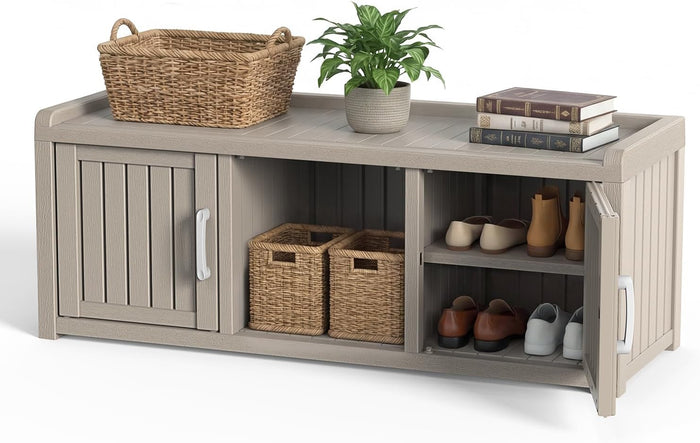 DRATO Outdoor Shoe Storage Cabinet, Waterproof Resin Shoe Storage Bench, Large Shoes Rack Cabinet with 2 Doors for Outdoor Indoor Entryway Hallway Corner Bedroom Porch (Grey, 2 Doors)