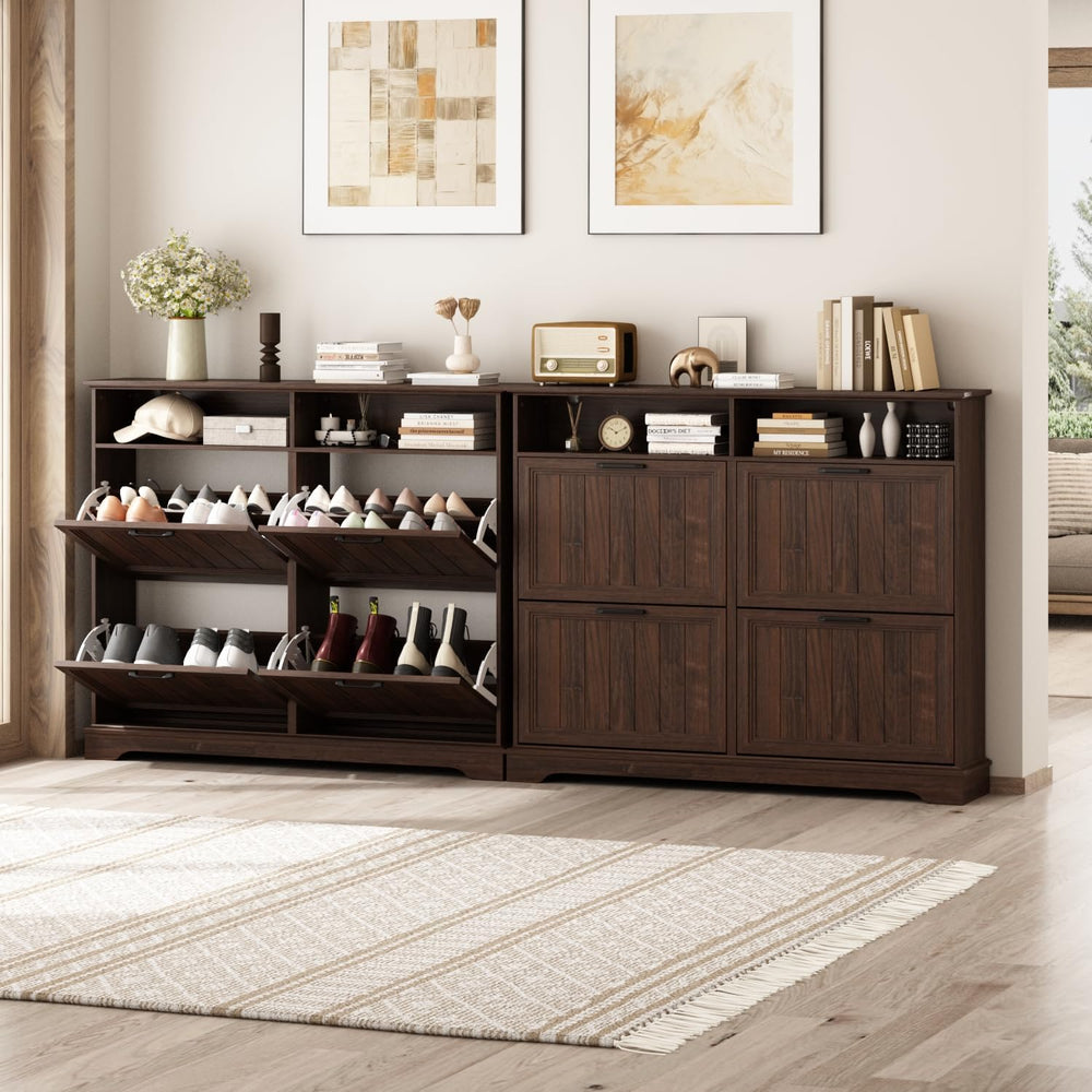 Hidden Shoe Storage Cabinet with 4 Flip Drawers & Open Storage