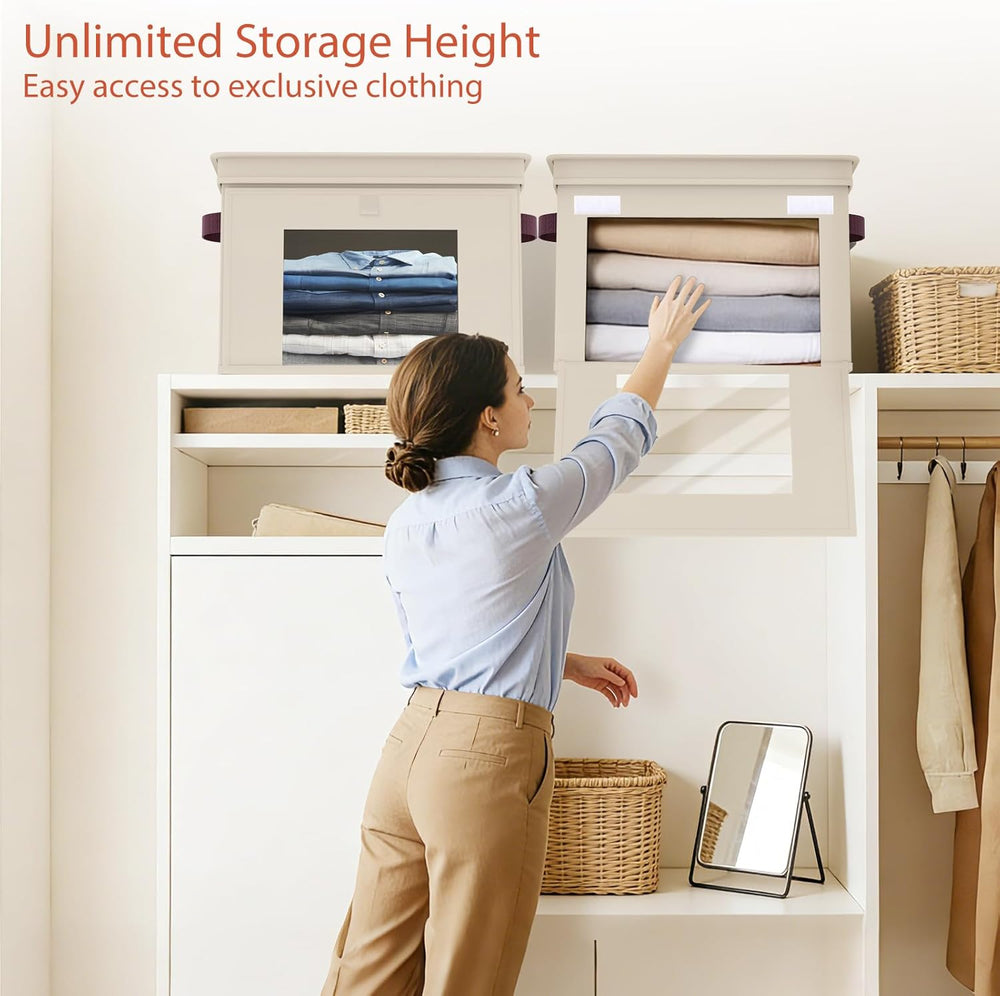 Univivi Front Opening Storage Bins with Lids for Closet, Beige, 4 Pack