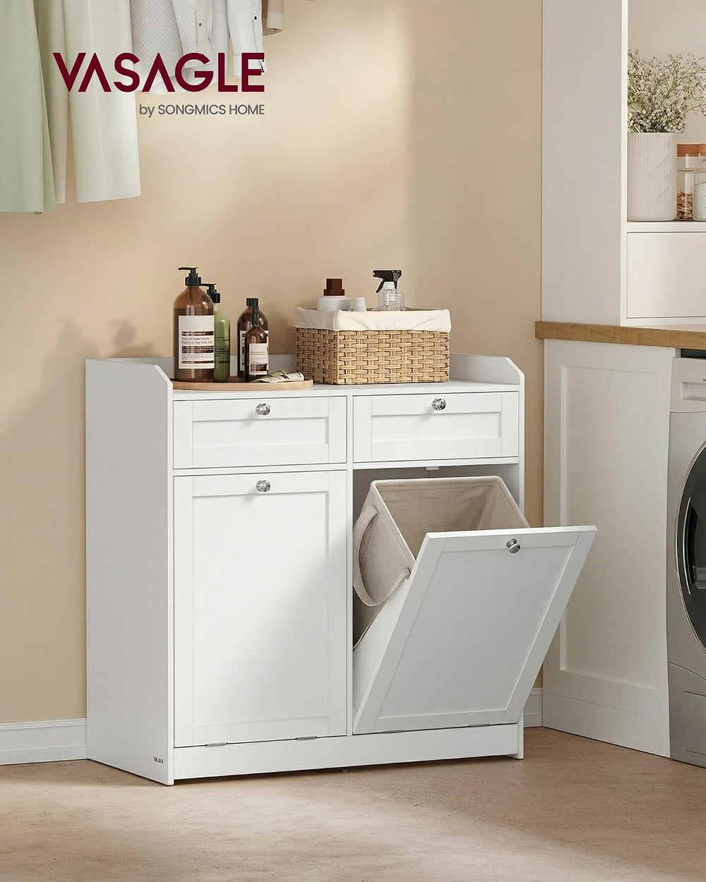 VASAGLE Laundry Cabinet with Tilt-Out Basket, 2 Drawers, 2 Baskets,
